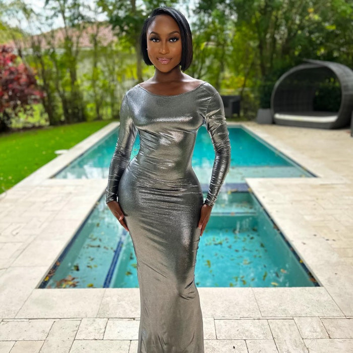 Color-Gray-Summer Solid Color Metallic Coated Fabric Round Neck Long Sleeve Narrow Backless Long Glossy Dress-Fancey Boutique