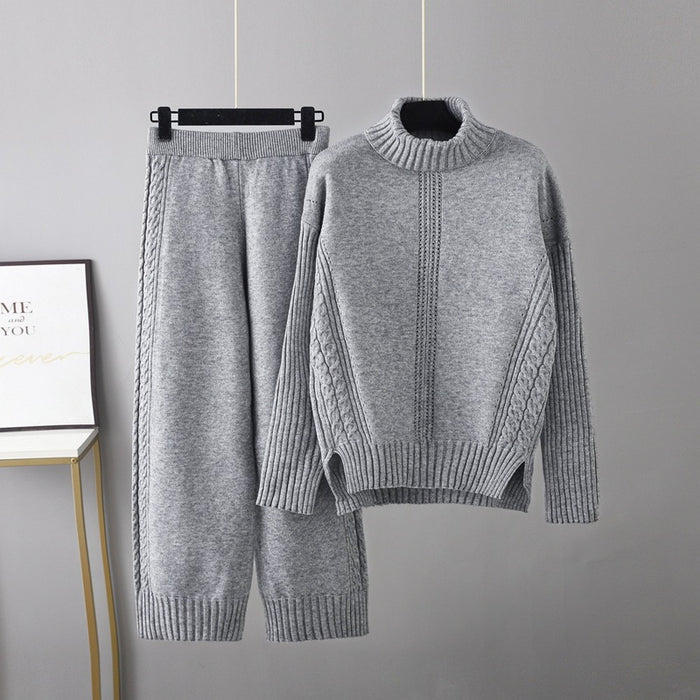 Color-Gray-Turtleneck Pullover Thickened Knitting Sweater Casual Set Women Autumn Winter Loose Idle Wide Leg Pants Two Piece Set-Fancey Boutique