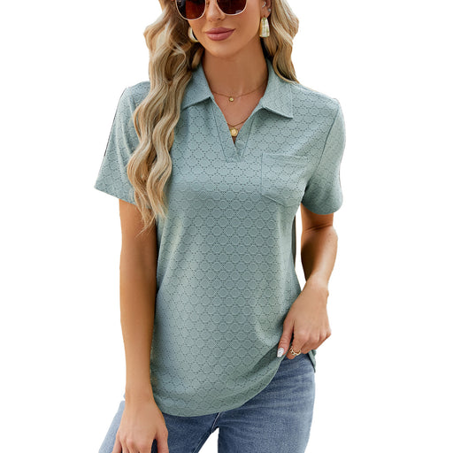 Color-Dark Green-Spring Summer Solid Color Polo Collar Pocket Short Sleeve T shirt Loose Top for Women-Fancey Boutique