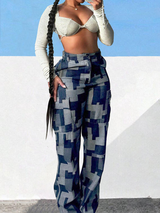 Casual Loose Plaid Trousers Casual Women Personality Street Overalls-Blue-Fancey Boutique