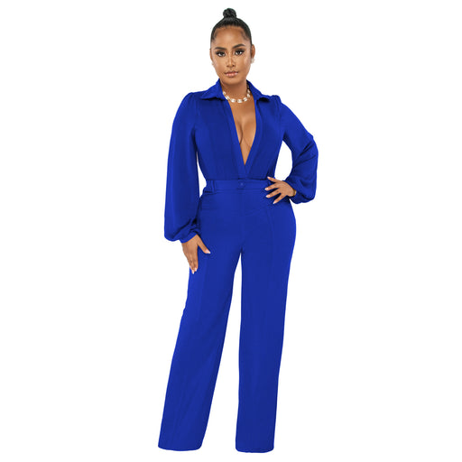 Color-Blue-Women Clothing Jumpsuit Sexy V neck Long Sleeve Tight Blouse Trousers Autumn Winter-Fancey Boutique