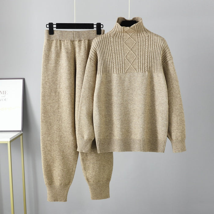 Color-Khaki-Half Turtleneck Casual Loose Sweater for Women Autumn Winter Gentle Soft Glutinous Knitted Trousers Suit for Women-Fancey Boutique