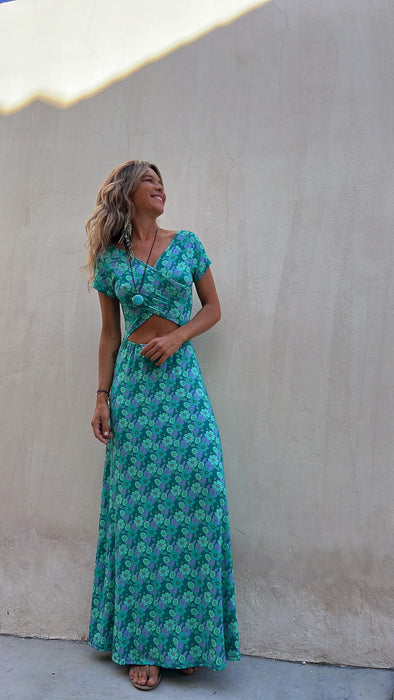 Color-Emerald-Summer Short Sleeved Two Sided Large Swing Printed Dress Long Dress-Fancey Boutique