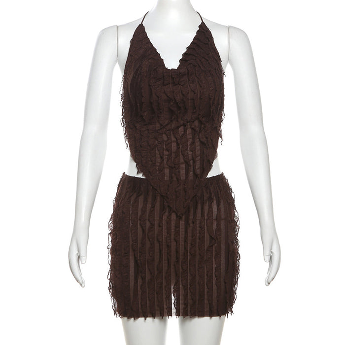 Summer Women Sexy Halter Lace up Vest Pleated Backless Sexy Skirt Set-Brown-Fancey Boutique