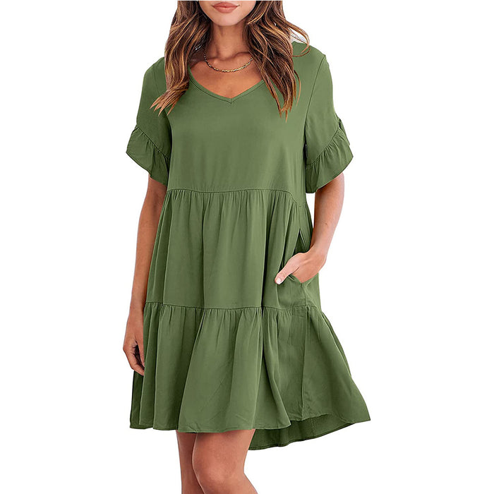 Color-Army Green-Women Summer Casual V Neck Little Girl Clothes Three Layer Pleated Dress-Fancey Boutique
