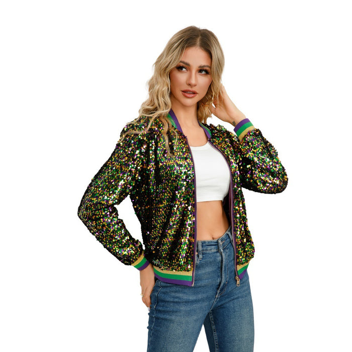 Color-Multi-Color Matching Sequin Spring Autumn Women Short Varsity Jacket Jacket-Fancey Boutique