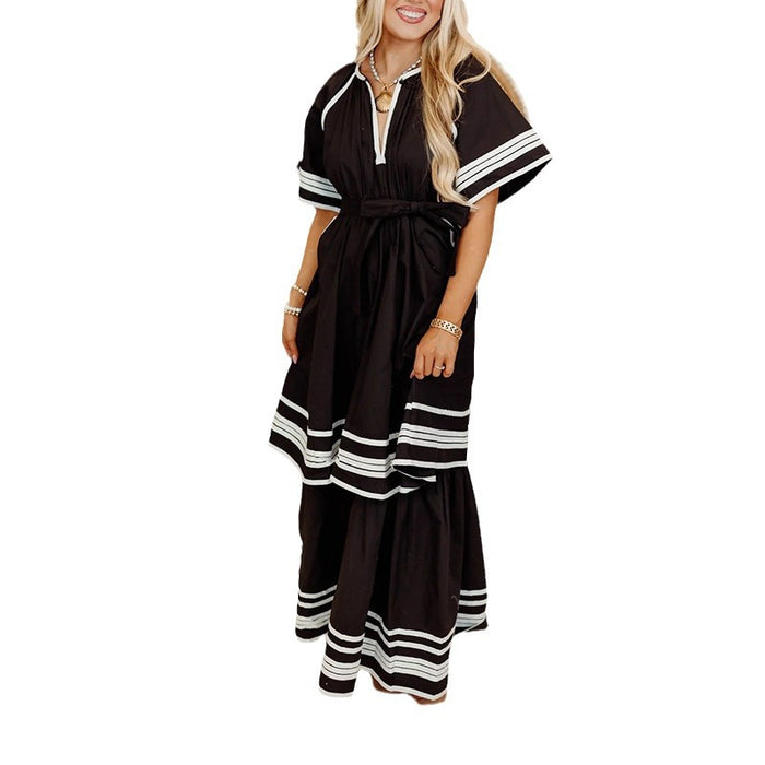 French Summer Tail Round Neck Flared Sleeves Lace Up Tight Waist Solid Color Striped Patchwork Maxi Dress Dress Women-Black-Fancey Boutique