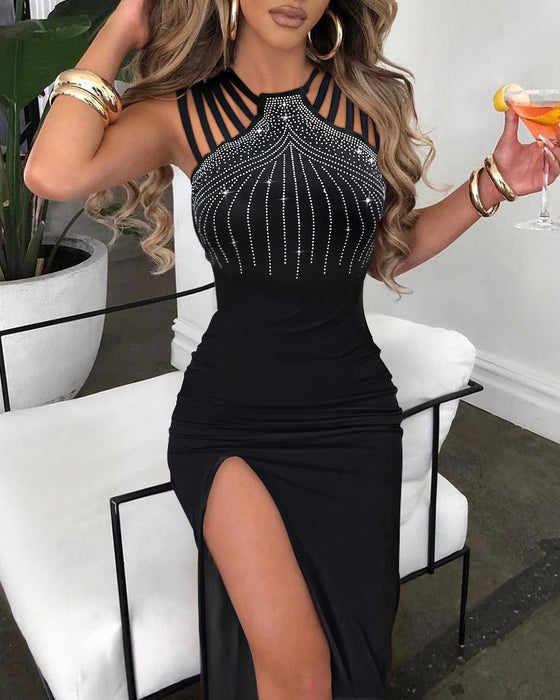 Color-Black-Women Clothing Elegant Rhinestone Split Sheath Dress Nightclub Dinner Dress-Fancey Boutique