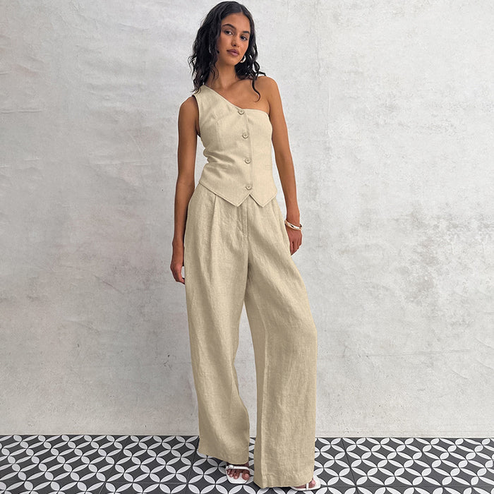 Spring Summer Cotton Linen Sleeveless Vest Irregular Asymmetric Collar Two Piece Set-Fancey Boutique