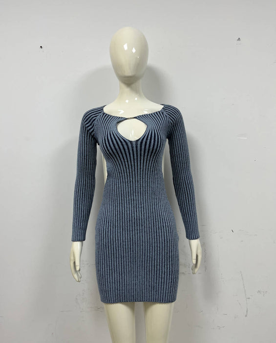 Summer Women Clothing Sexy Backless Sunken Stripe Knitted High Waist Sheath Slim Slimming Dress-Blue-Fancey Boutique