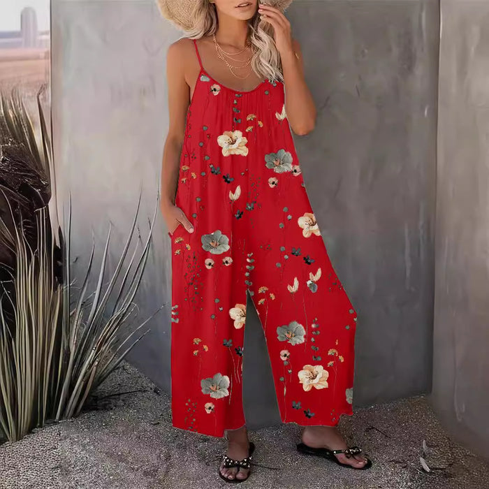 Spring Summer Casual Women Suspender Trousers Autumn Best Printed Sleeveless Jumpsuit Women-Red-Fancey Boutique