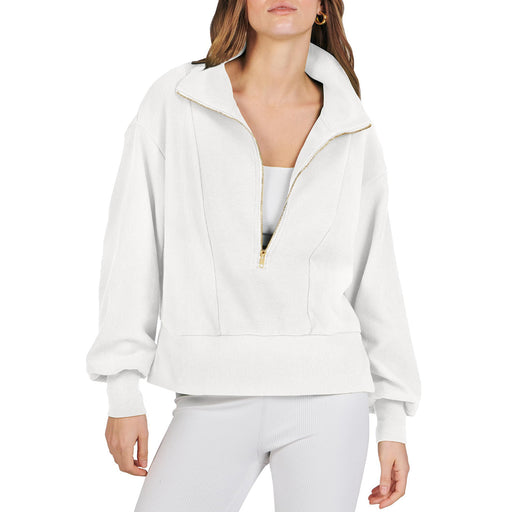 Color-White-Women Clothing Autumn Winter Top Half Zipper Pullover Long Sleeve Sweatshirt Sweater Women-Fancey Boutique