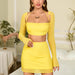 Color-Yellow-Outfit Skirt Arrival Sexy Mesh Halter Zipper Top Hip Skirt Set Two Piece Set-Fancey Boutique