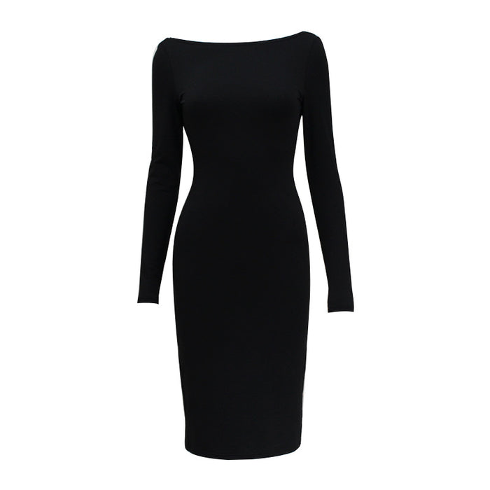 Women Clothing Long Sleeve Sexy Backless Dress with Zipper Elegant Pure Slit Midi Dress-Black-Fancey Boutique