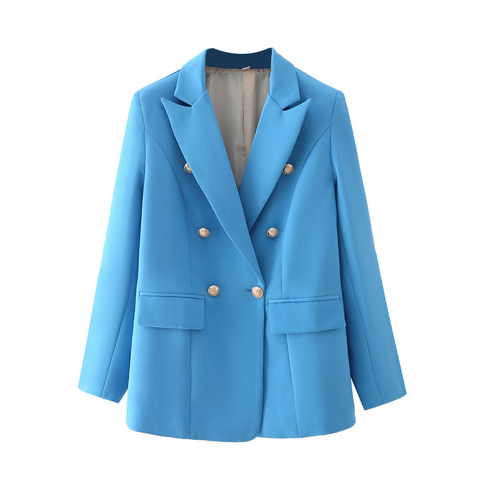 Color-Blue-French Retro Spring Women Clothing Slimming Casual Candy Color Metal Buckle Blazer-Fancey Boutique