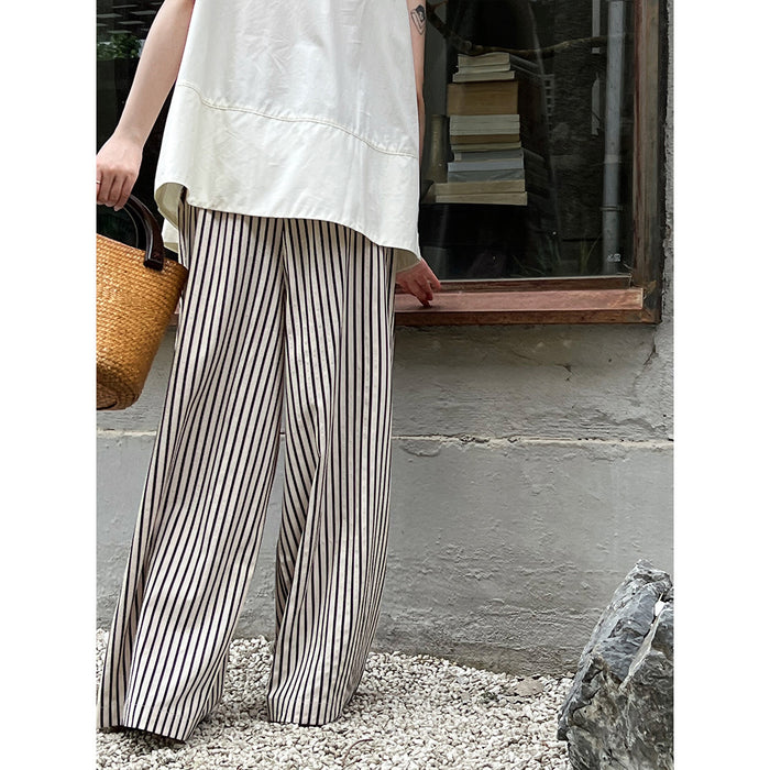 Drooping Loose Feeling Striped Wide Leg Pants Women Elastic Waist Casual Pants Minimalist All Match Lazy Pants-Fancey Boutique