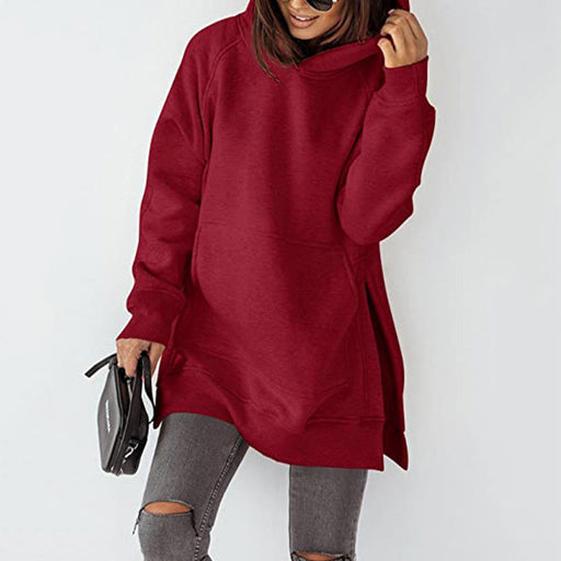 Color-Burgundy-Women Clothing Long Sleeve Round Neck Fleece Lined Solid Color Pocket Loose Fitting Hoodie Long Sleeve-Fancey Boutique