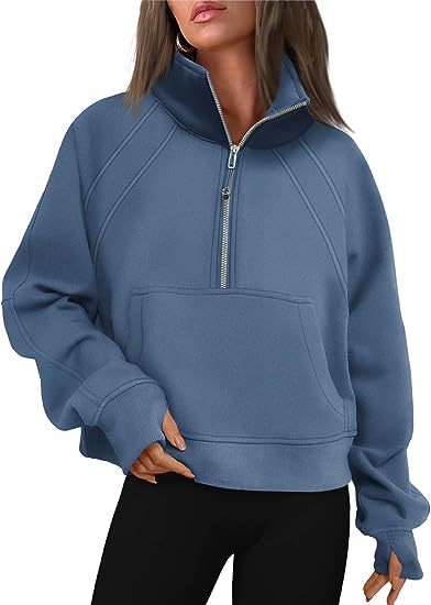 Color-Sea Blue-Women Clothing Half Zipper Short Stand Collar Thumb Hole Brushed Hoody-Fancey Boutique