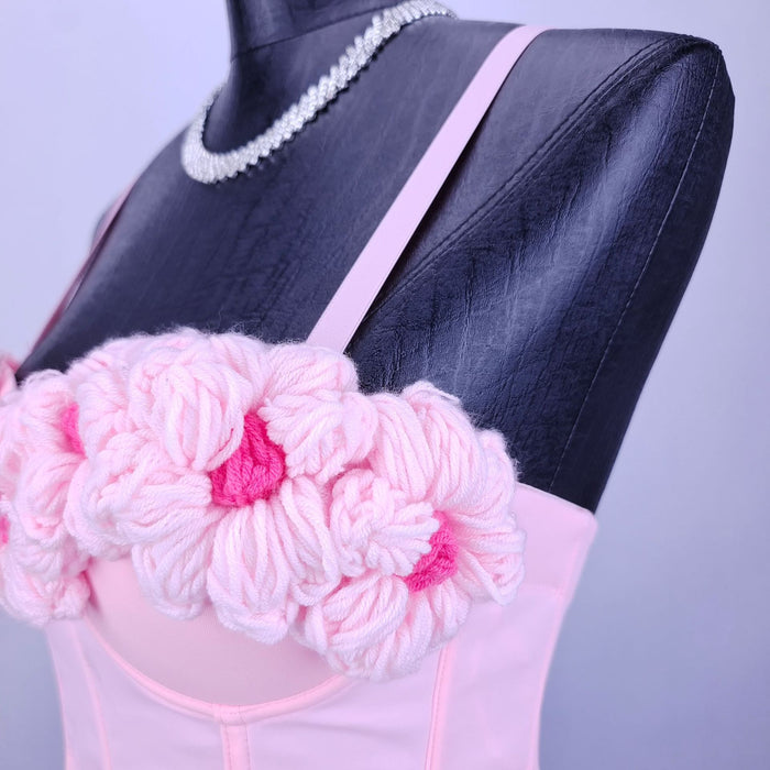 Pink Sweet Girl Knitted Outer Bra Crocheted Floral Inner Wear with Coaster Boning Corset Bra Bra Small Sling-Fancey Boutique