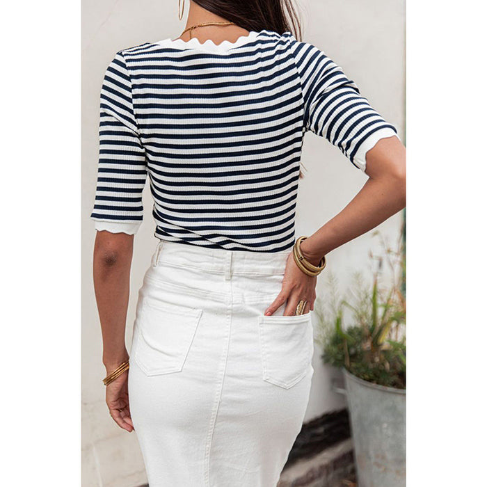 Summer Office Striped Short Sleeved T-shirt Women Wave round Neck Slim Pullover-Fancey Boutique