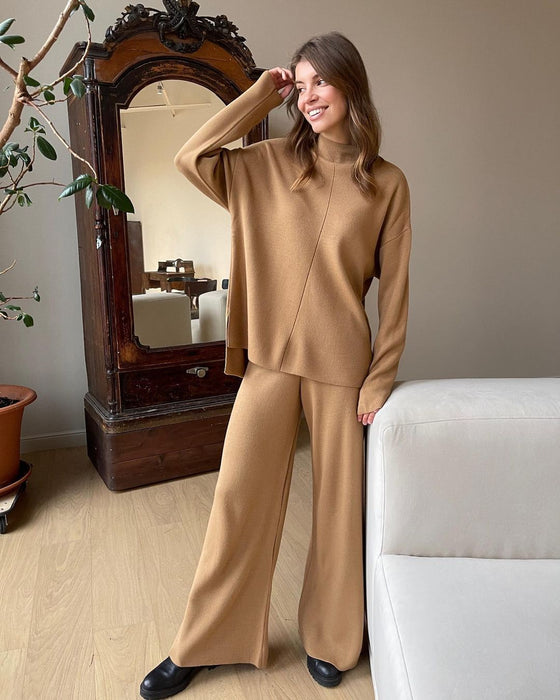 Color-Khaki Suit-Autumn Winter Long Sleeve Loose Casual Sweater Knitted Top Trousers Set-Fancey Boutique