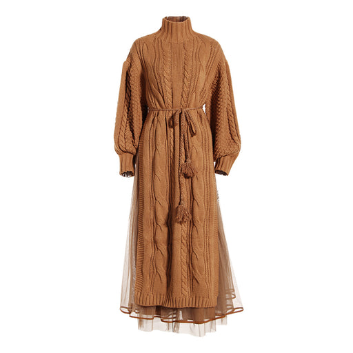 Color-Sweater Camel-Long Stand Collar Lantern Sleeve dress Spring Side Slit Knitted Sweater Dress Mesh dress Two Piece Set-Fancey Boutique