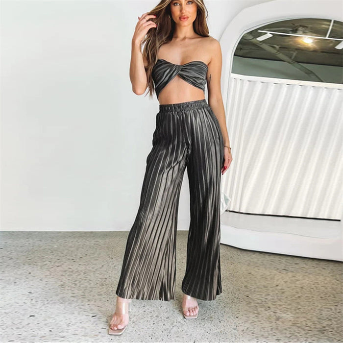 Color-Spring Summer Pleated Sexy Suit Women Cropped Sleeveless Adjustable Vest Casual Pants Two Piece Set for Women-Fancey Boutique