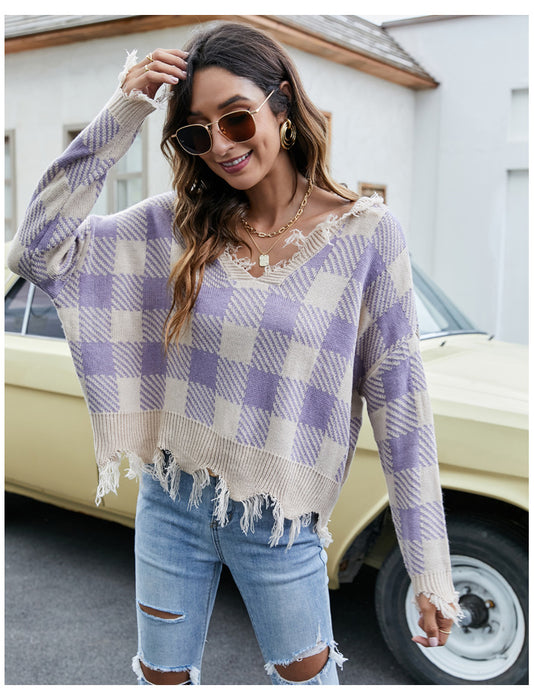 Color-Purple Pullover for Women-Pullover Women Loose Short V Neck Women Sweater Autumn Winter Tassel Knitwear-Fancey Boutique