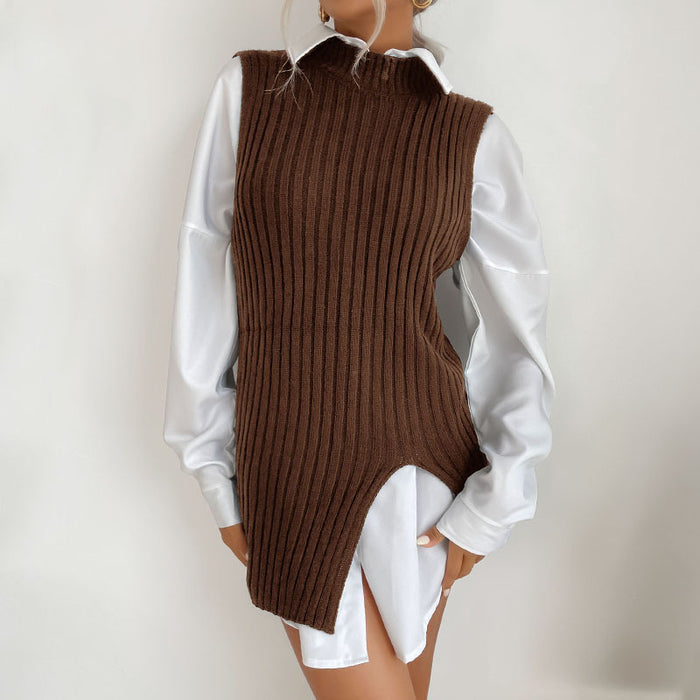 Color-Brown-Dedicated for Early Autumn Middle East Women Split Solid Color Mid Length Vest Sweater-Fancey Boutique