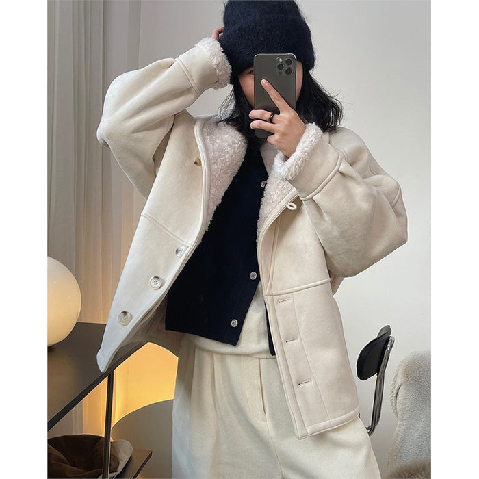 Color-Ivory-One Piece Lamb Wool Coat Autumn Winter Korean Retro Fashionable Loose Warm Thickened Profile Coat Women-Fancey Boutique