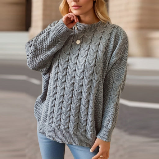 Color-Gray-Autumn Winter Retro Solid Color Round Neck Long Sleeve Knitted Thick Needle Twist Pullover Loose Sweater-Fancey Boutique