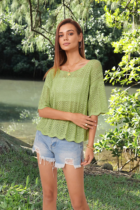Color-Green-Spring Summer Round Neck Pullover Hollow Out Cutout Short Sleeve Casual Women Knitwear-Fancey Boutique