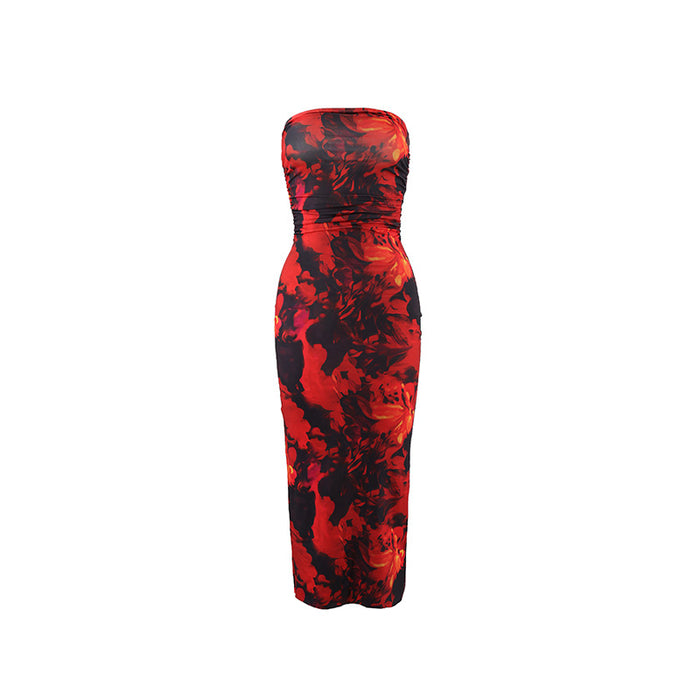 Summer Sexy Sexy Printed Tube Top Mid Length Dress Women Clothing Delivery-Red-Fancey Boutique