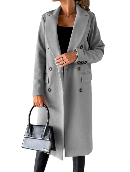 Color-Light Gray-Autumn Winter Women Clothing Long Sleeve Polo Collar Solid Color Double Breasted Slim Coat Woolen Coat-Fancey Boutique