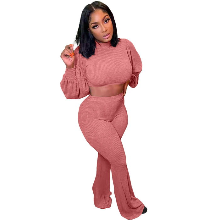 Color-Pink-Urban Casual Solid Color Turtleneck Puff Sleeve Cropped Bell Bottom Pants Two Piece Set-Fancey Boutique