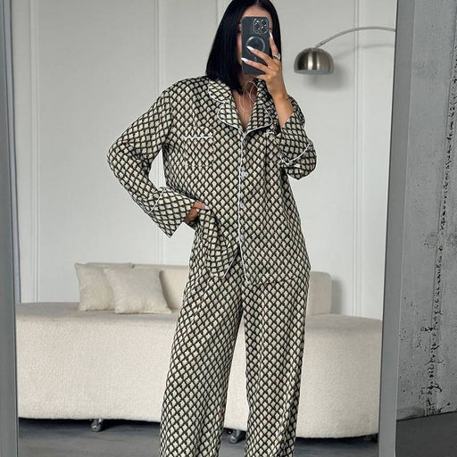 Autumn Autumn Warm Plaid Long Sleeved Trousers Two Piece Set High Sense Imitated Silk Pajamas Women-Fancey Boutique