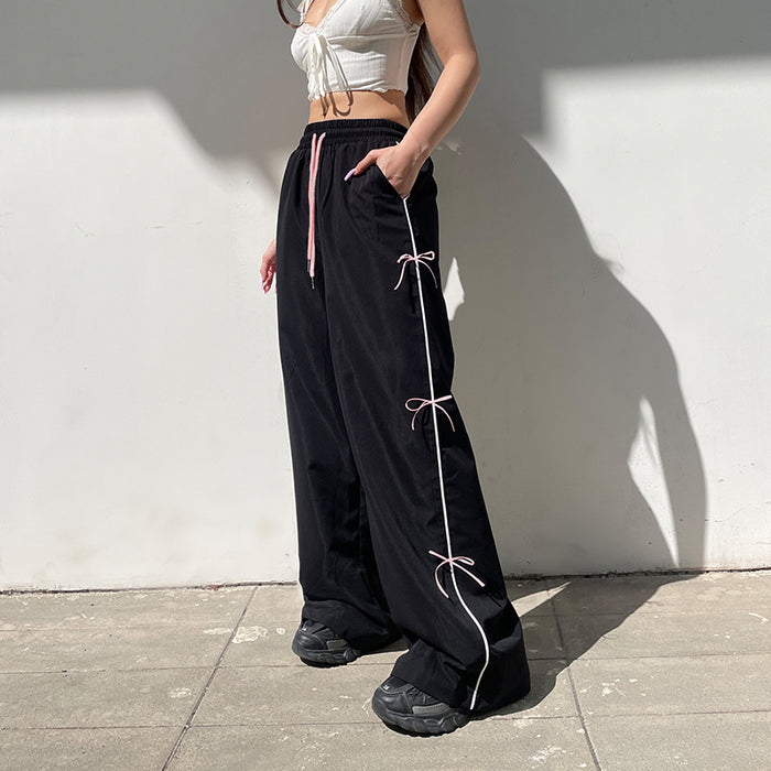 Street Sweet Spicy Wear Loose Woven Pants Personality Bow Stitching Wide Leg Slimming Show Casual Trousers for Women-Fancey Boutique