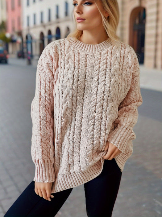 Color-Pink-Autumn Winter Retro Vertical Stripes Twist Round Neck Long Sleeve Knitted Pullover Thick Needle Sweater Women-Fancey Boutique