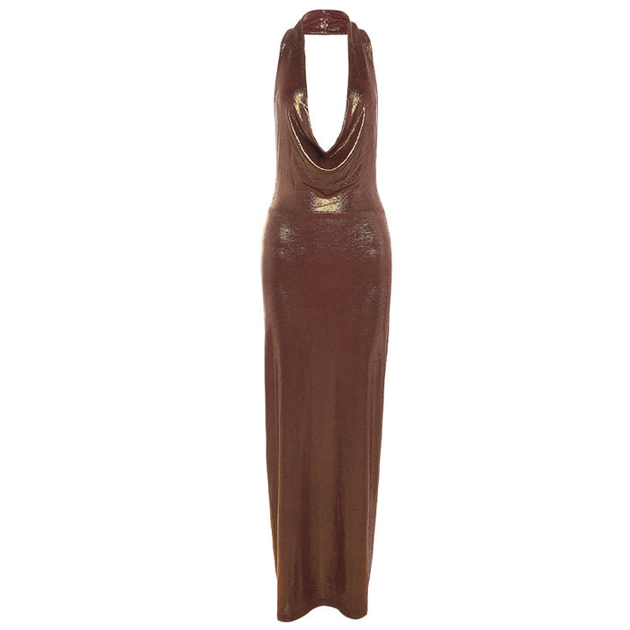 Color-Brown-Summer Women Sexy Halter Backless Slim Fit Sheath Elegant Dress-Fancey Boutique