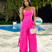 Women Clothing Sexy Tube Top Multi Pocket Workwear Jumpsuit Wide Leg Jumpsuit-Rose Red-Fancey Boutique