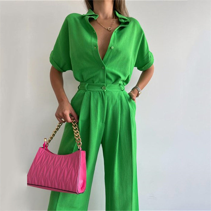 Color-Wide Leg Pants Suit Spring Summer Loose Sleeve Shirt Top Casual Trousers Two Piece Women Clothing-Fancey Boutique