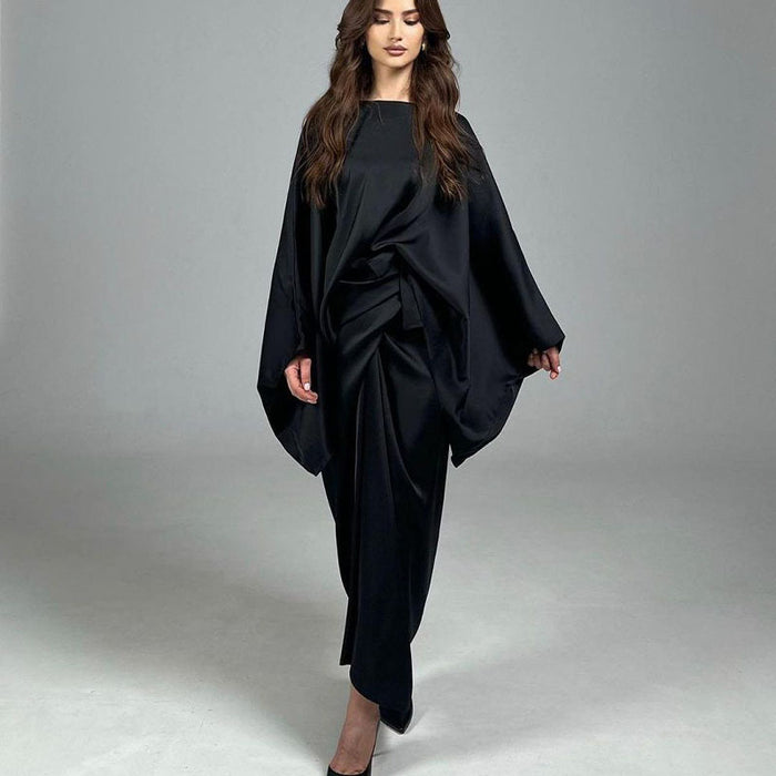 Color-Black-Satin Batwing Sleeve Irregular Asymmetric Long One Step Skirt Two Piece Set Women-Fancey Boutique