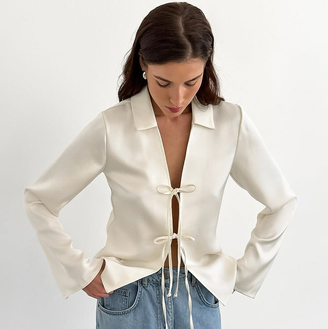 French Imitation Acetate Satin Straps Split Collared Shirt Autumn Cardigan Women-Fancey Boutique