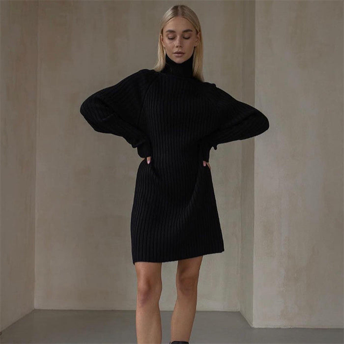 Long Sleeve High Collar Sweater Dress Women Casual Loose Thick Sunken Stripe Solid Color Sheath Autumn Winter Knitting Dress-Black-Fancey Boutique