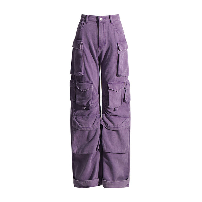 Color-Purple-Fashionable Trendy Autumn Niche Design Patchwork Pocket High Waist Straight Cargo Jeans for Women-Fancey Boutique
