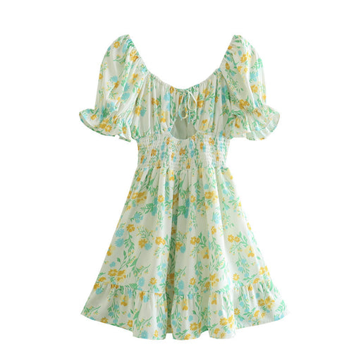 Spring Women Clothing Printed Square Collar Puff Sleeve Sexy Hollow Out Cutout Ruffled Hem Waist Dress-Green-Fancey Boutique