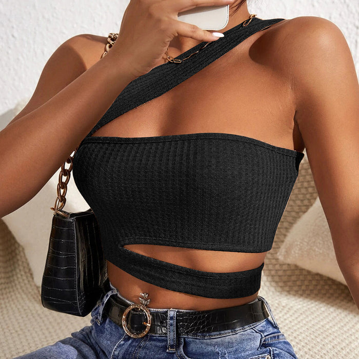 Color-Black-WomenClothing New Sexy Hollow Out Cutout out Knitted Vest Ultra Short Oblique Shoulder Tank-Top-Fancey Boutique