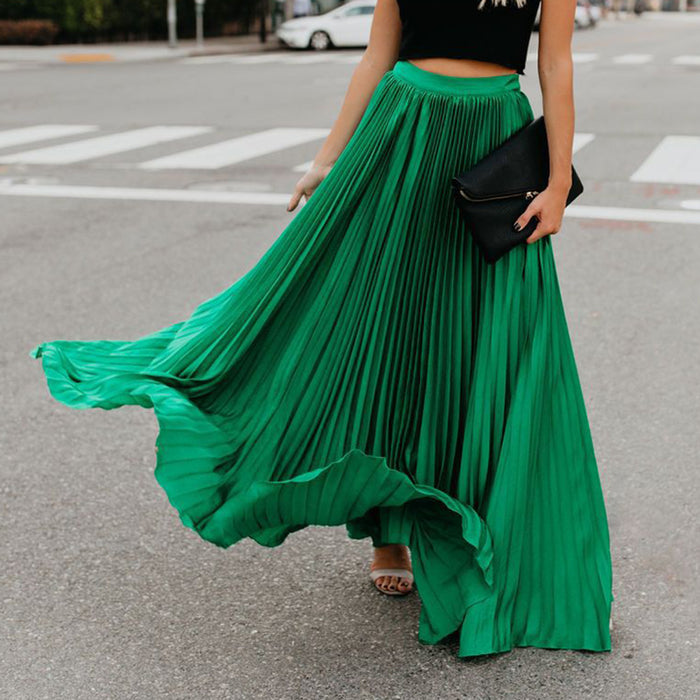 Color-Green-Summer Elegant Pleated Mopping Solid Color Wide Hem Skirt-Fancey Boutique