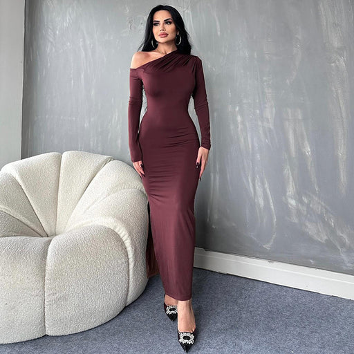 Color-Women Clothing Solid Color Long Sleeve High Waist Dress Asymmetric Dress-Fancey Boutique