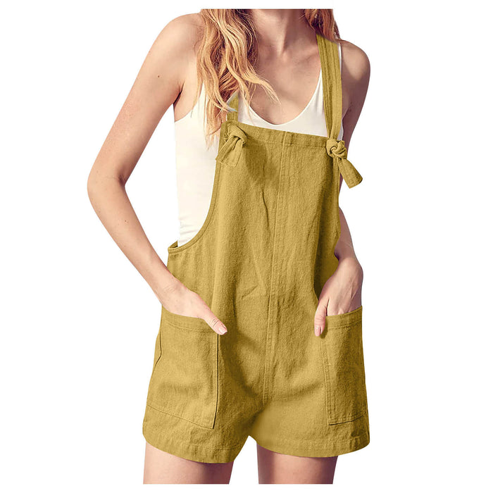 Color-Yellow-Women Clothing Solid Color Stickers Bags Cotton Linen Loose Casual Lace Up Suspenders Pants-Fancey Boutique